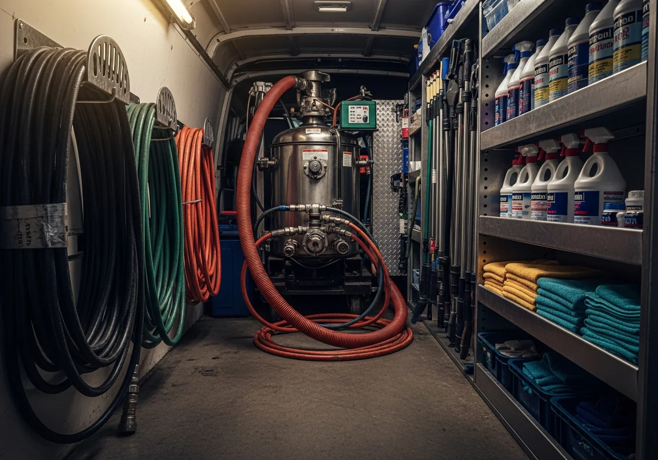Professional carpet cleaning equipment and supplies arranged in a service vehicle, ready for residential and commercial jobs.