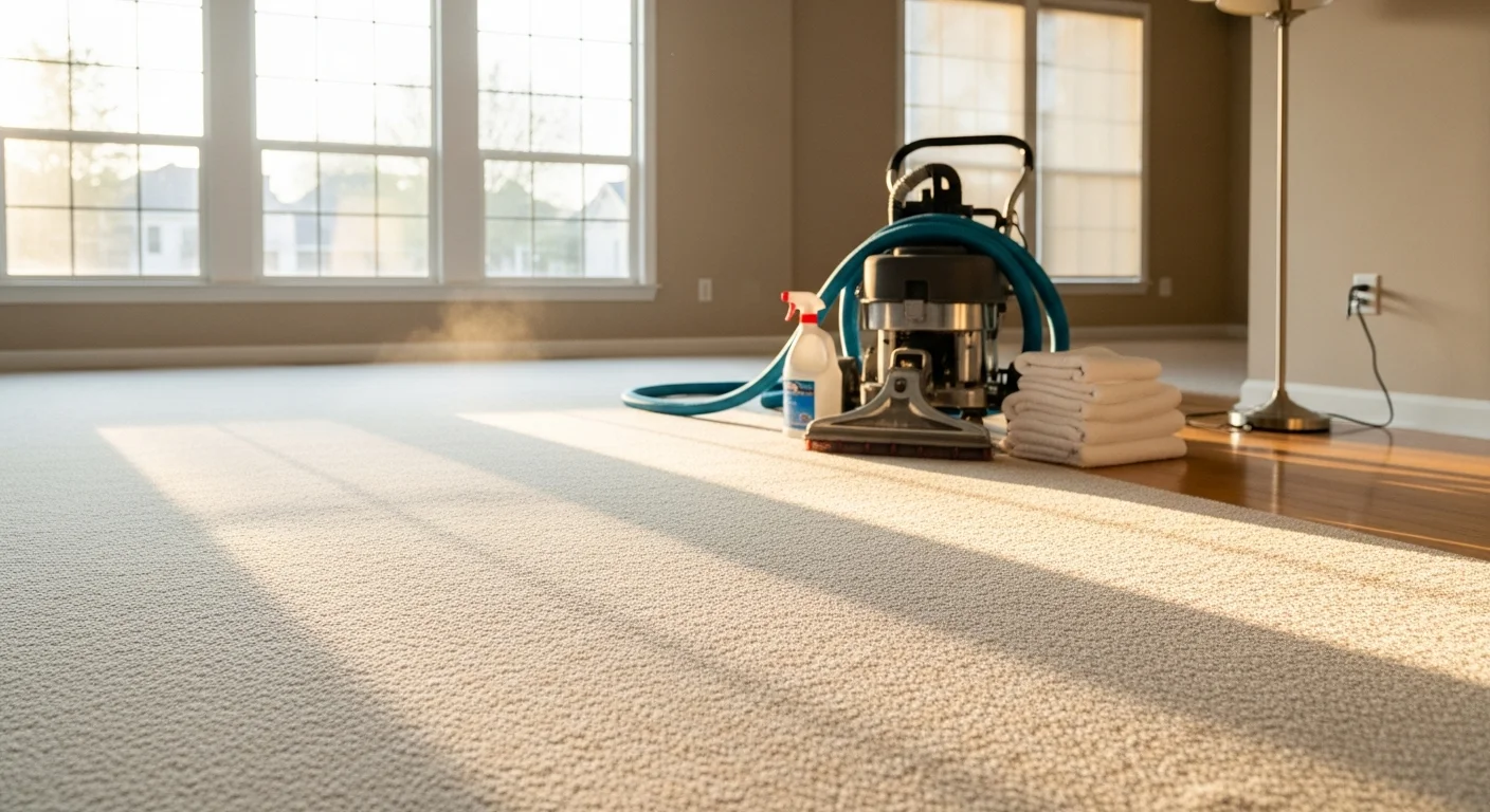 Professional carpet cleaning technician cleaning residential carpet
