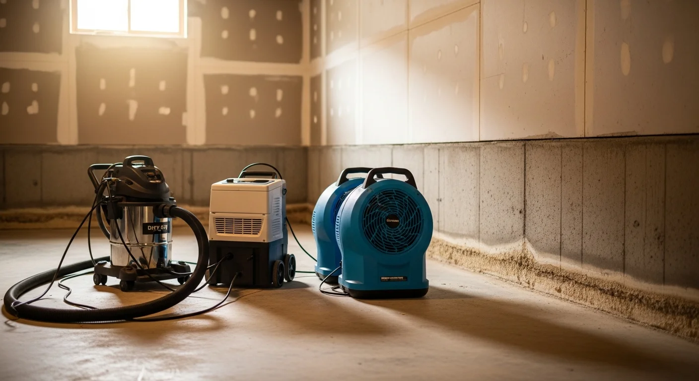 Water damage restoration team extracting water from flooded basement