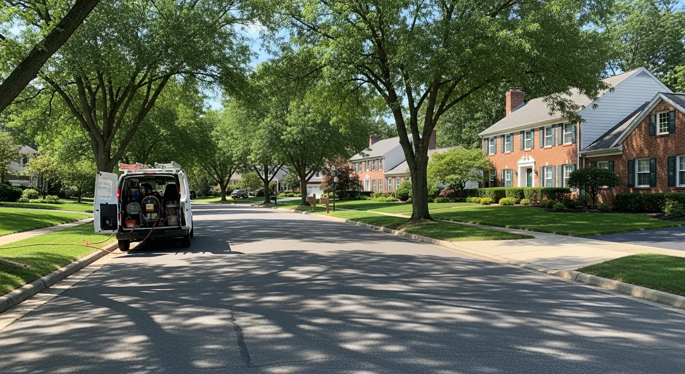 Suburban Oakland County neighborhood with tree-lined street, single-family homes, and well-maintained lawns under clear sky.