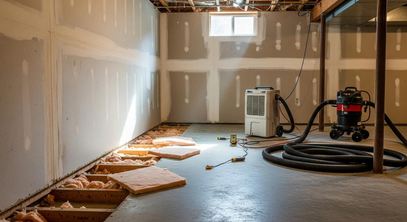 A wet basement floor in an Oakland County, MI home after flooding, showing standing water near a utility area and damp drywall along the foundation wall. A technician uses extraction equipment to remove water from the finished basement space.