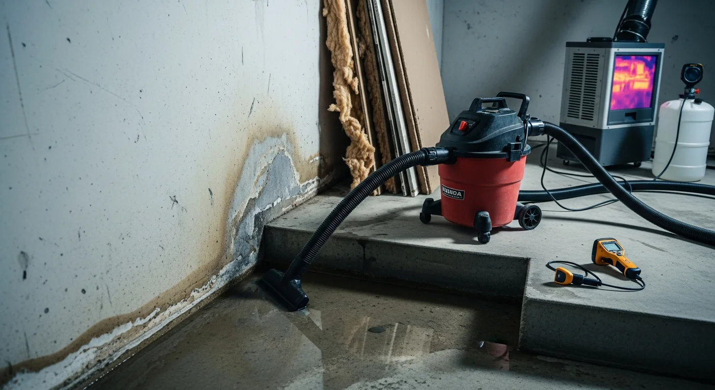 Water-damaged carpeted living room in an Oakland County, MI home after a burst pipe, showing wet flooring and extraction equipment in use. A restoration technician checks moisture levels along a saturated baseboard wall.