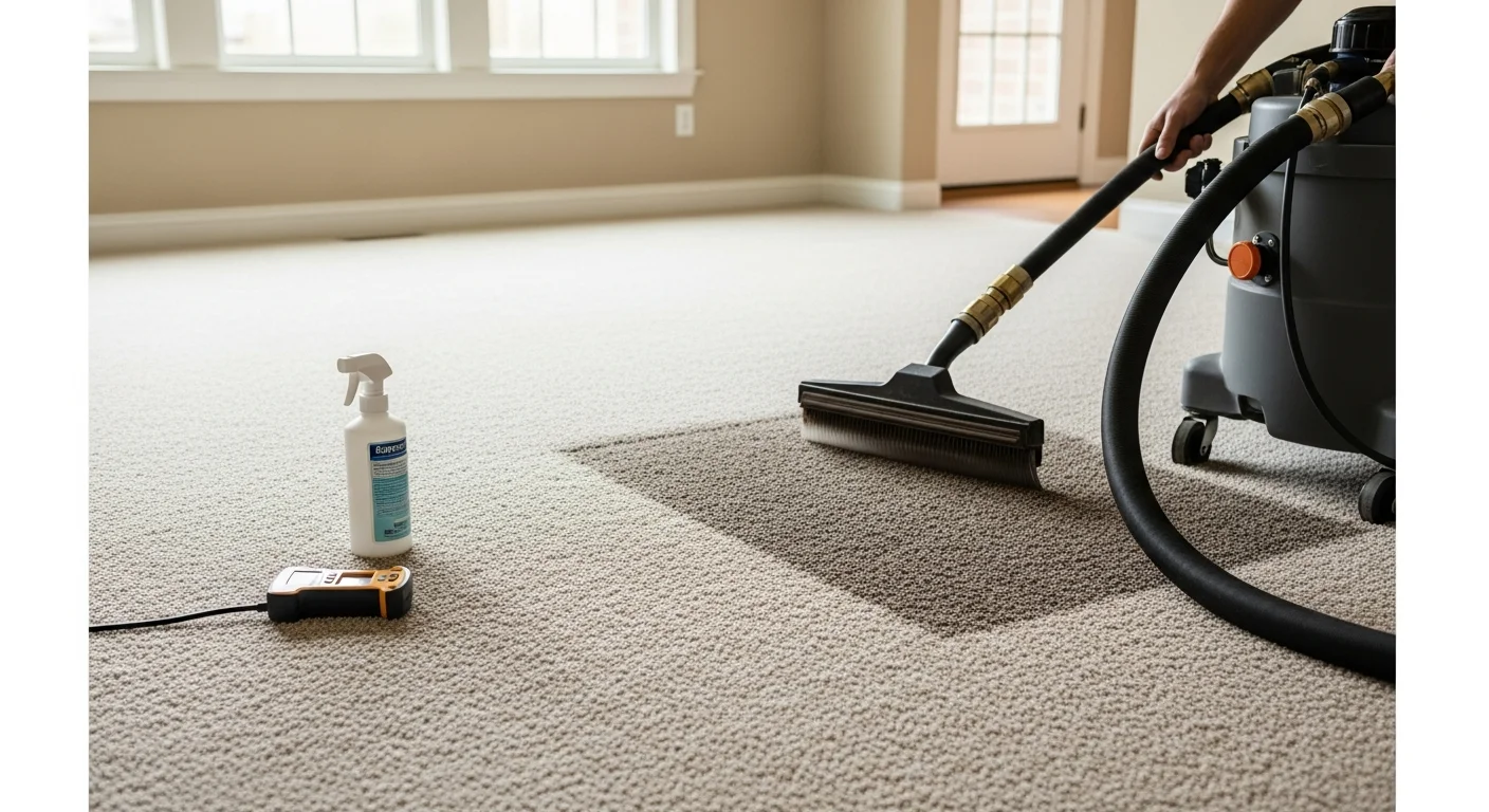 A carpet cleaning technician treating a heavily soiled, odor-affected carpet in an Oakland County, Michigan home. The technician uses a hot water extraction wand on a light-colored carpet in a residential living room.