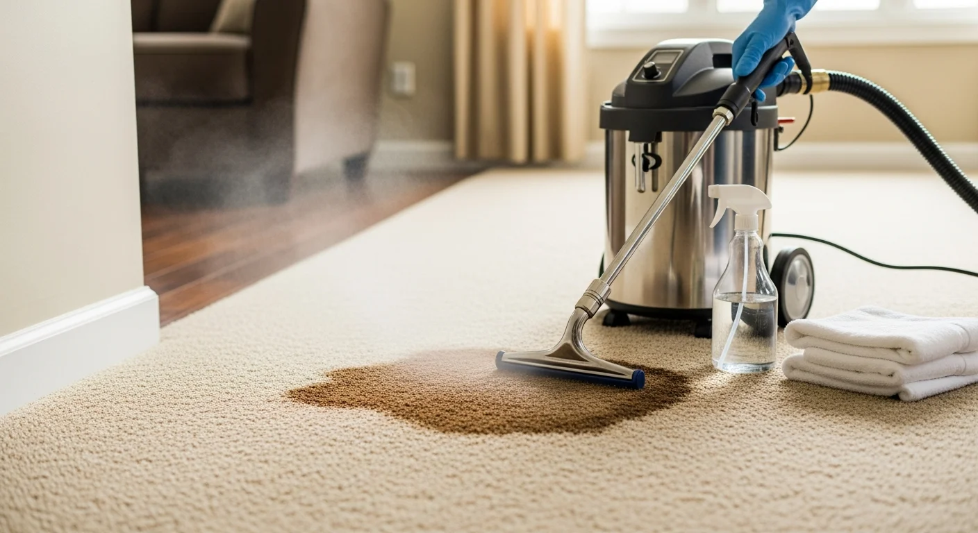 A carpet technician treating a dark pet stain on a beige carpet inside an Oakland County, MI home. The before-and-after view shows the stain lifted and the carpet fiber restored to its original color.