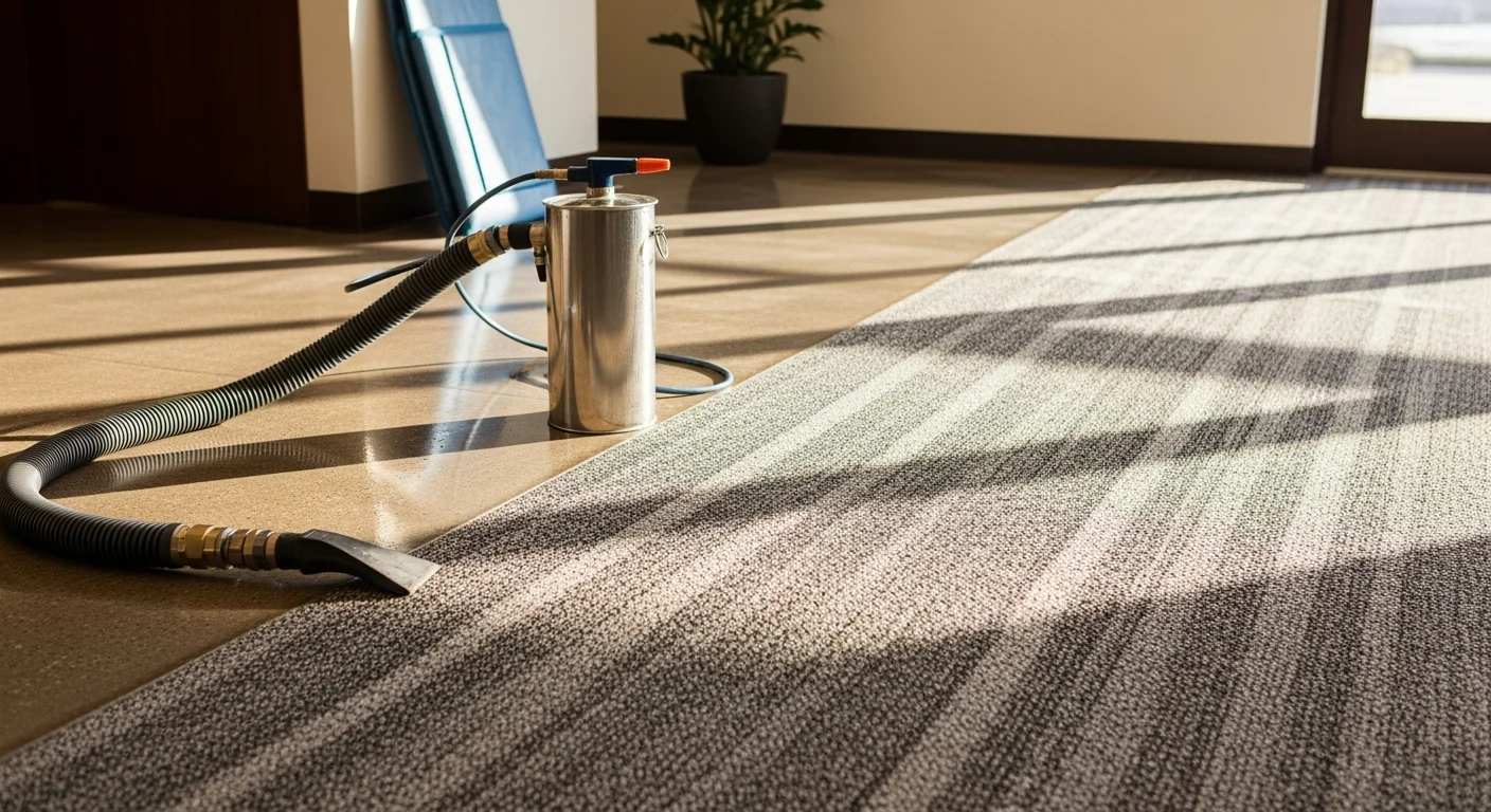 A commercial carpet cleaning technician extracting deep-set dirt from a high-traffic office hallway carpet in an Oakland County, MI business facility. The cleaned section of carpet shows restored pile and uniform color compared to the untreated area beside it.