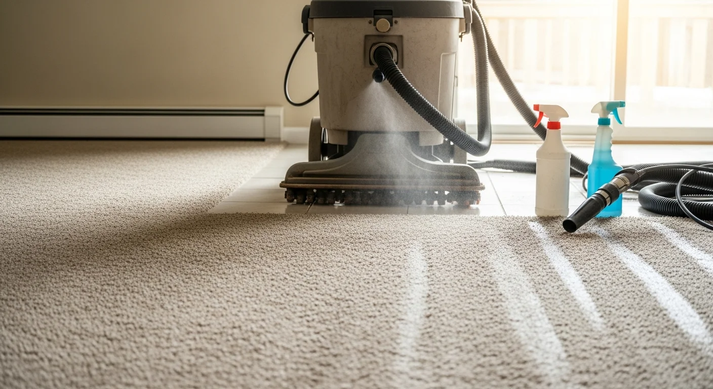 A carpet technician using a hot water extraction wand to deep clean a residential carpet in an Oakland County, MI home. The cleaned section shows visibly brighter, restored carpet fibers next to an uncleaned traffic lane.