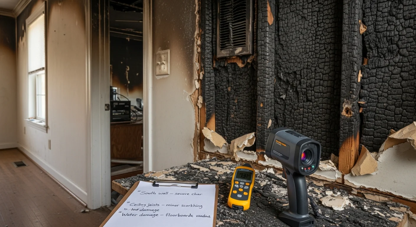 A fire damage assessment technician inspecting soot-covered walls and flooring inside a residential home in Oakland County, MI. Close-up view shows darkened ceiling surfaces and visible smoke residue near a doorway.