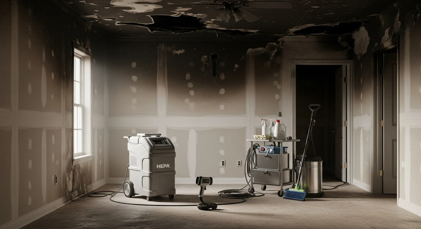 Interior of an Oakland County, MI home showing cleaned walls and restored flooring after fire and smoke damage removal. A technician inspects a treated surface in a room previously affected by soot and smoke residue.