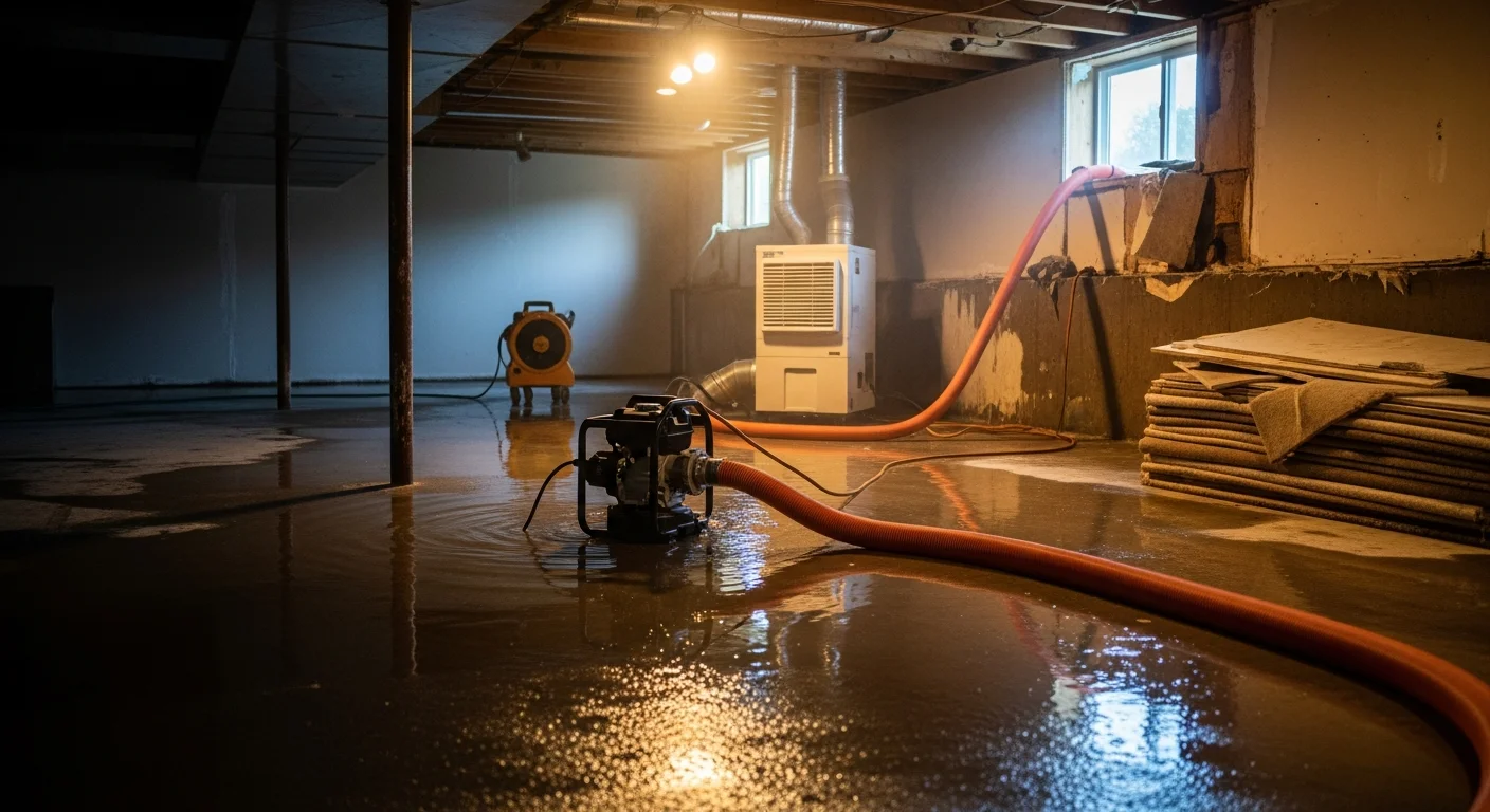A water-damaged basement in an Oakland County, MI home showing wet carpet being extracted by a restoration technician. Standing water is visible near the foundation wall, with drying equipment staged nearby.