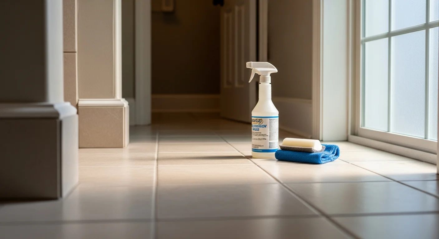 Close-up of freshly sealed white grout lines between ceramic floor tiles in an Oakland County, MI bathroom, showing clean, uniform grout with no visible staining or discoloration. A technician from McDonough Carpet Cleaning applies professional sealant along the tile joints near a shower base.