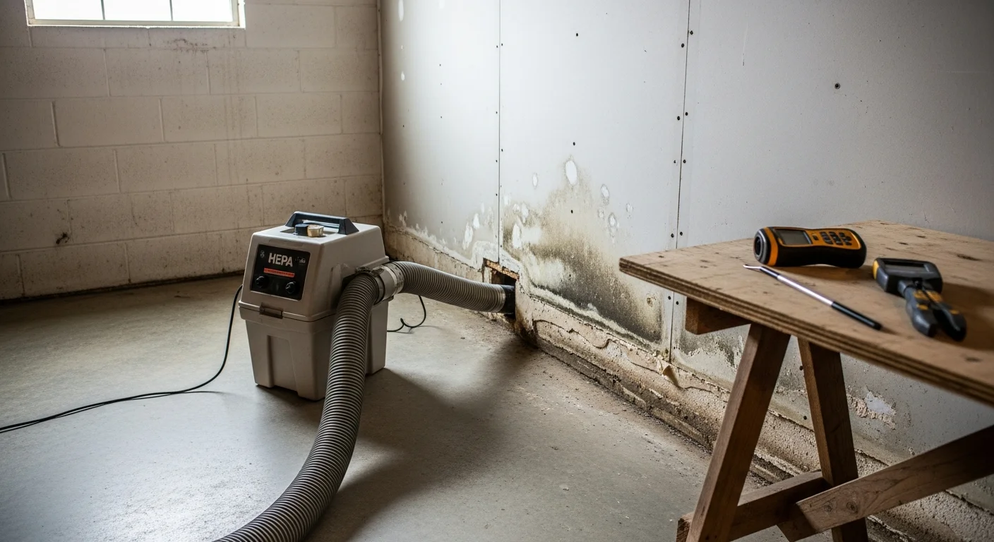 A technician in protective gear inspecting mold-damaged drywall in an Oakland County, MI basement. Containment barriers are visible in the background, and cleaning equipment is staged nearby.