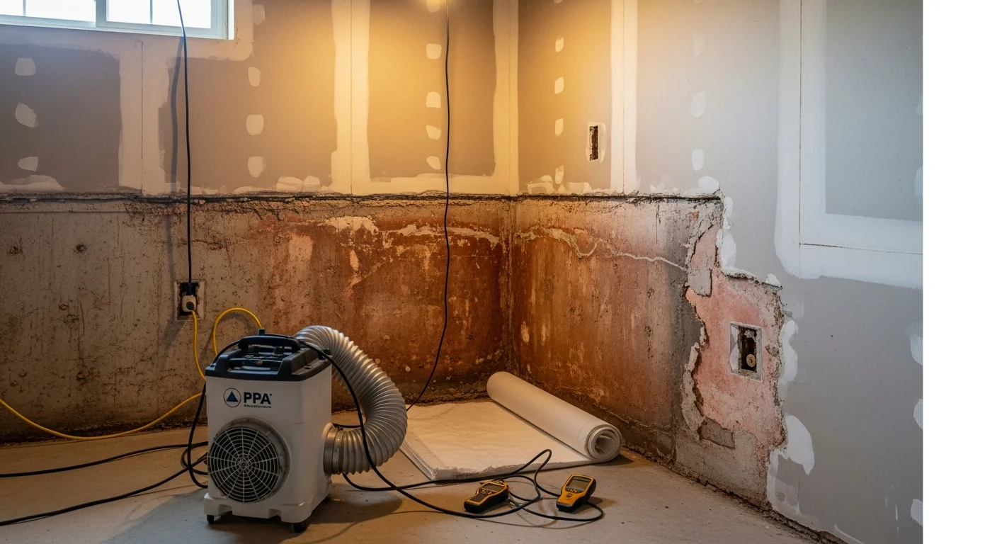 A technician in protective gear treating mold-contaminated drywall in the basement of an Oakland County, MI home. The affected area is sealed off with plastic containment sheeting while surfaces are cleaned and treated.