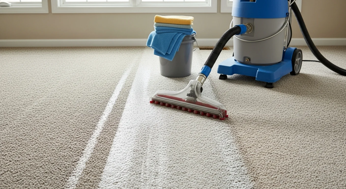 A freshly cleaned residential carpet in an Oakland County, MI home, showing restored color and texture in a living room with natural light. A technician's equipment sits nearby after a deep extraction cleaning session.