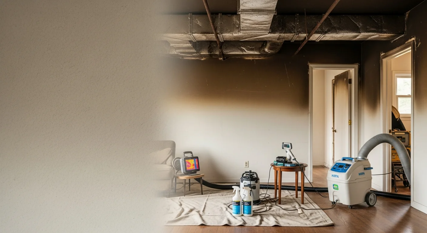Interior of an Oakland County, MI home showing a technician cleaning soot-stained carpet and upholstery in a living room after a smoke damage event. Cleaning equipment and treated surfaces visible in a residential setting.