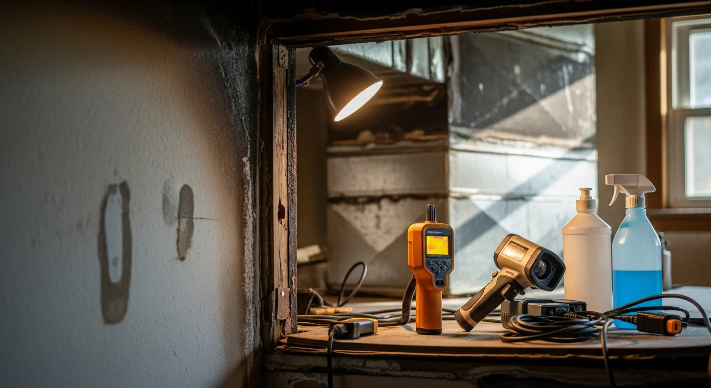 A restoration technician treating smoke-stained carpet and walls inside an Oakland County, MI home after a fire. The room shows visible soot residue on surfaces being cleaned with professional equipment.