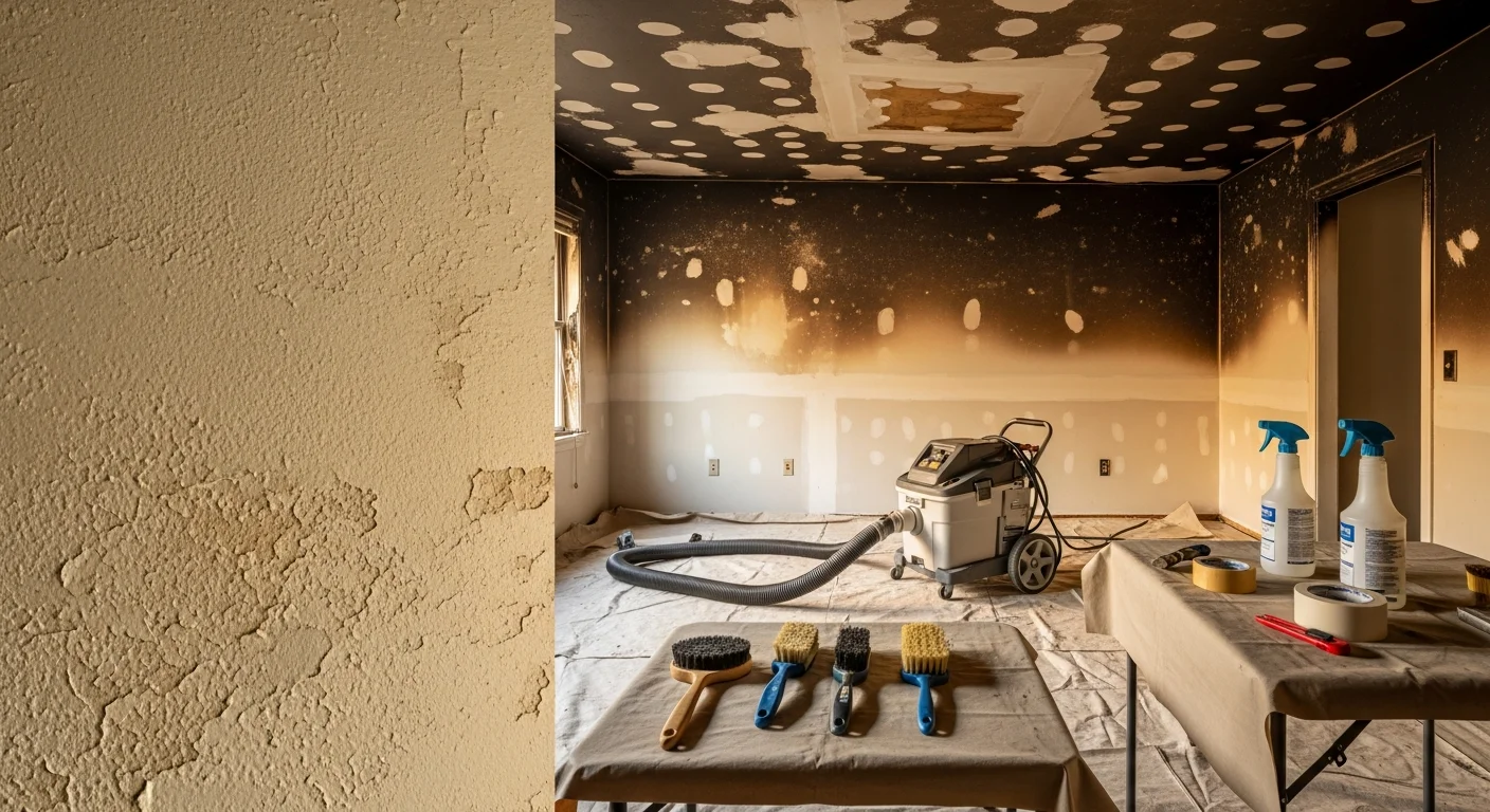 Interior of an Oakland County home showing soot-covered walls and ceiling being cleaned by a restoration technician after a fire. Close-up view of a wall surface transitioning from heavy black soot residue to a clean, restored finish.