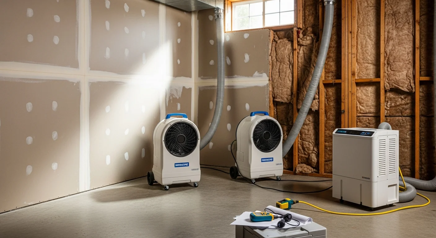 Commercial air movers and a dehumidifier positioned along a water-damaged basement wall in an Oakland County home during active structural drying. Moisture meters and equipment hoses are visible against damp drywall and concrete flooring.