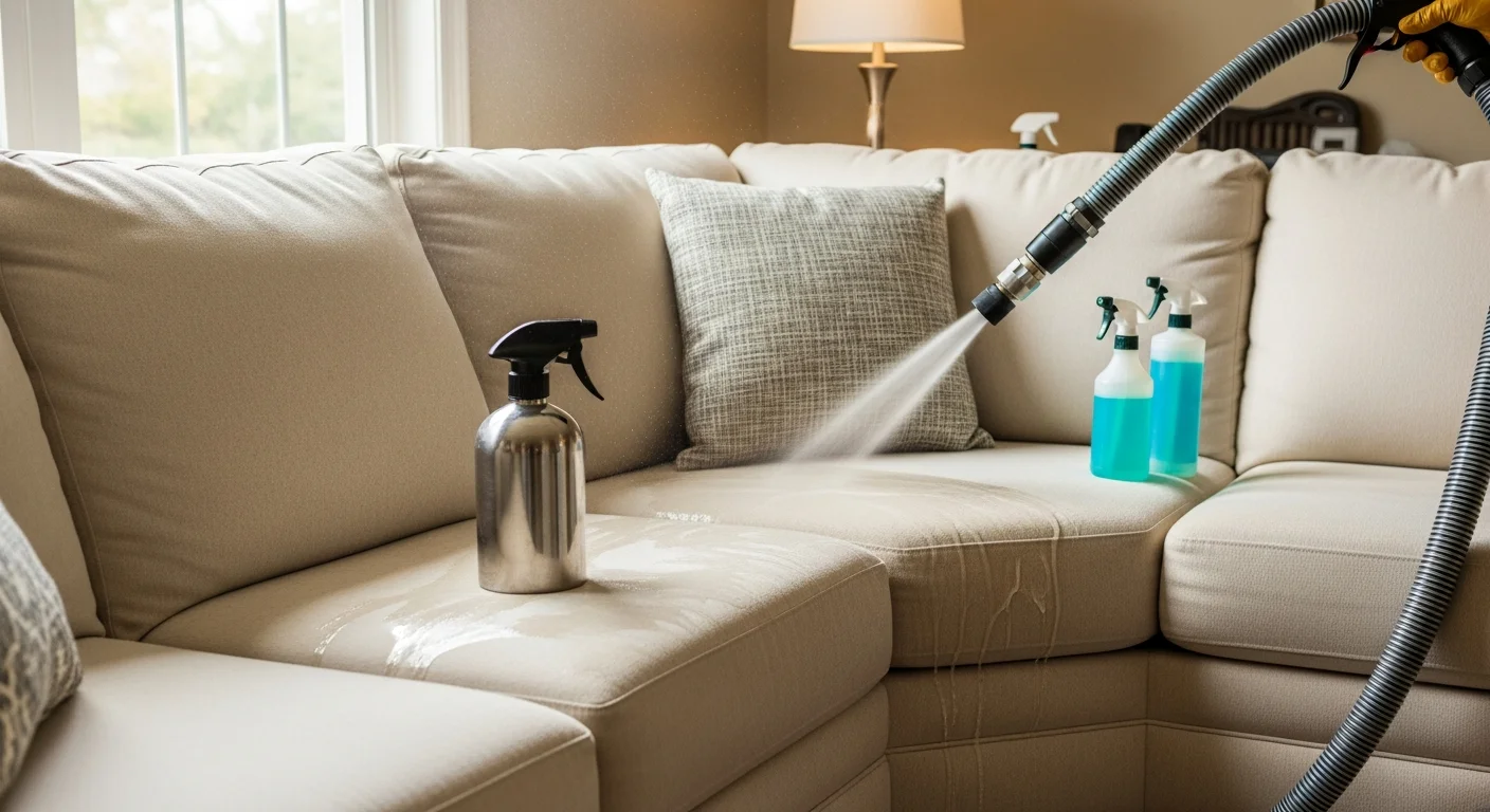 A cleaned two-cushion sofa in an Oakland County, MI living room showing visibly refreshed fabric after professional upholstery cleaning. A technician's equipment is visible in the background near the furniture.