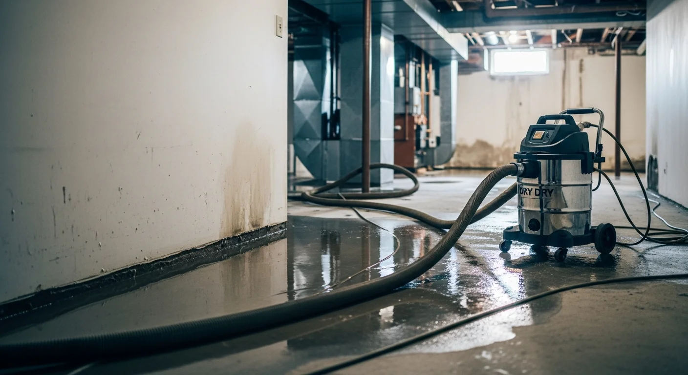 A water extraction technician using a high-powered pump to remove standing water from a flooded basement floor in an Oakland County, MI home. Wet carpet and soaked baseboards are visible along the walls.
